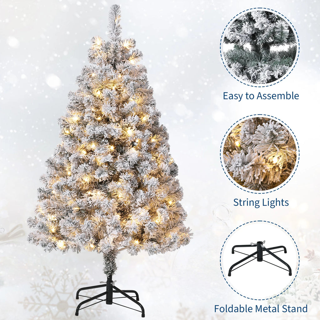 6FT Pre-Lit Snow Flocked Artificial Christmas Tree, 100 Warm White Incandescent Lights, 318 PVC Hints, Foot Pedal Switch, Collapsible Metal Stand, Easy Assembly Indoor Holiday Decor