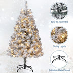 6FT Pre-Lit Snow Flocked Artificial Christmas Tree, 100 Warm White Incandescent Lights, 318 PVC Hints, Foot Pedal Switch, Collapsible Metal Stand, Easy Assembly Indoor Holiday Decor