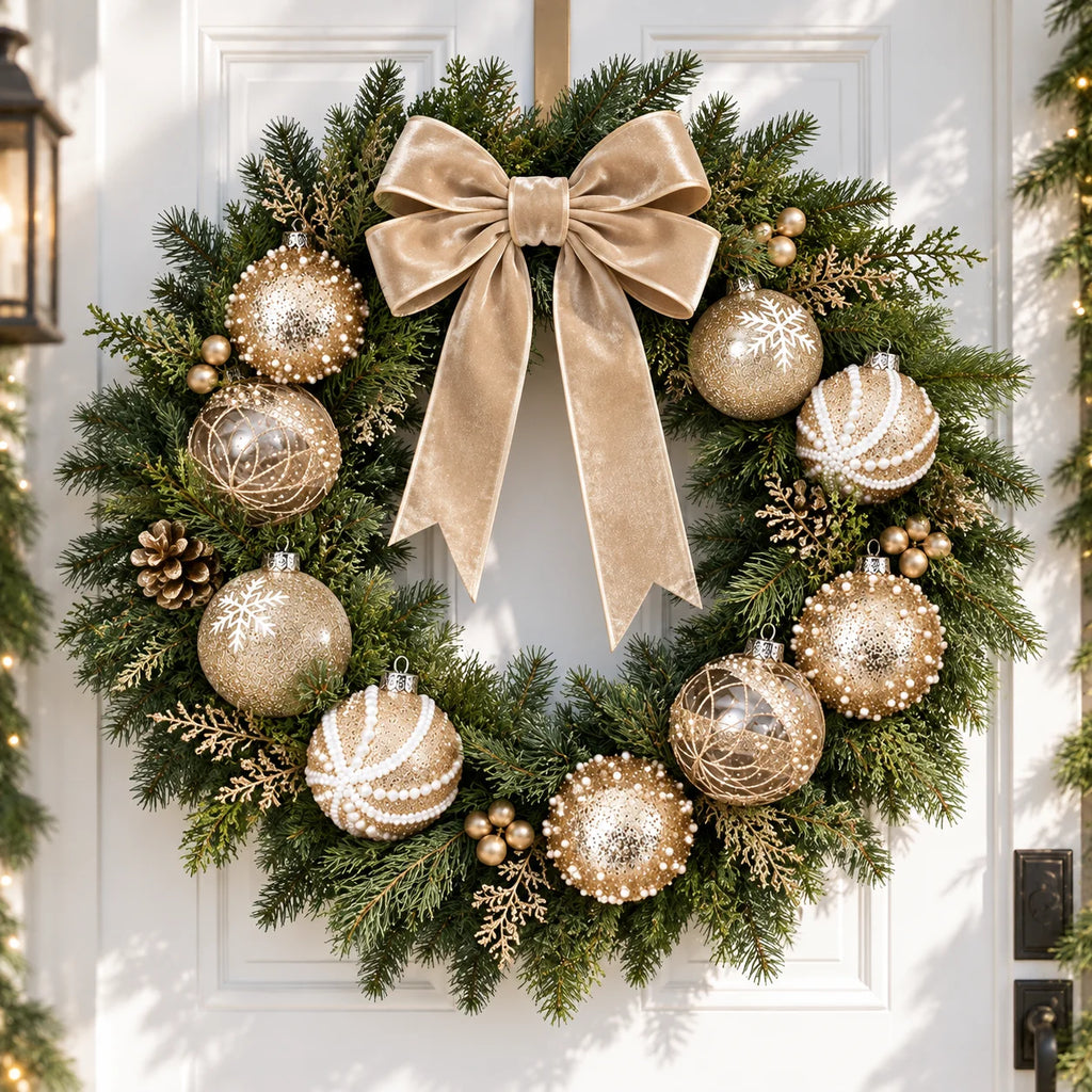 12Pcs 8cm Champagne Gold Clear Christmas Ball Ornaments 4 Styles Glitter Pearl Snowflake Shatterproof Xmas Tree Hanging Decor