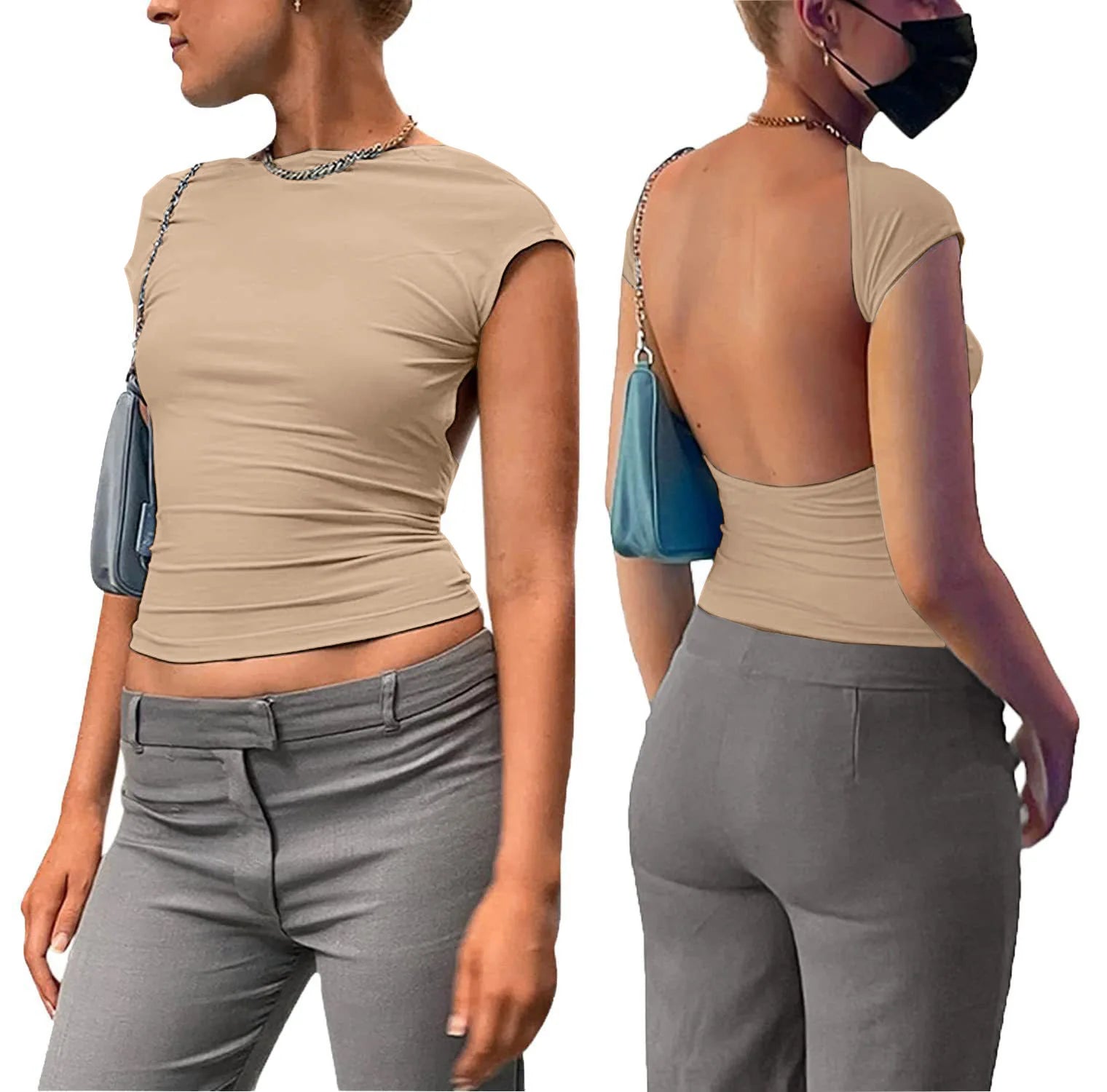 Y2K Womens Sexy O-Neck short Sleeve Bodycon T Shirt Fashion Casual Solid Streetwear T Shirt 2023 Club party Backless T Shirt