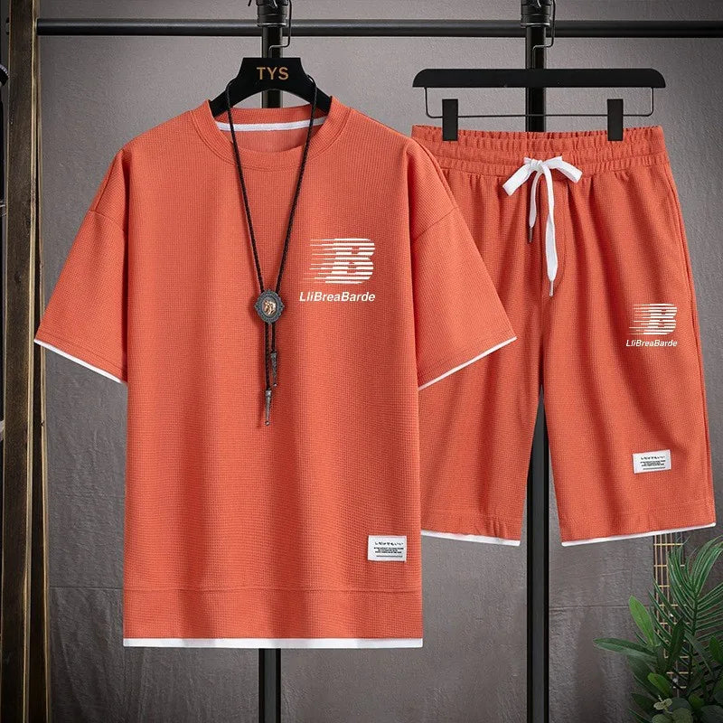 New Trends Men's 2026 Summer Sports Set Fashion Casual T-shirt and Shorts Set Waffle Short Sleeve Shorts Two Piece Sports Set