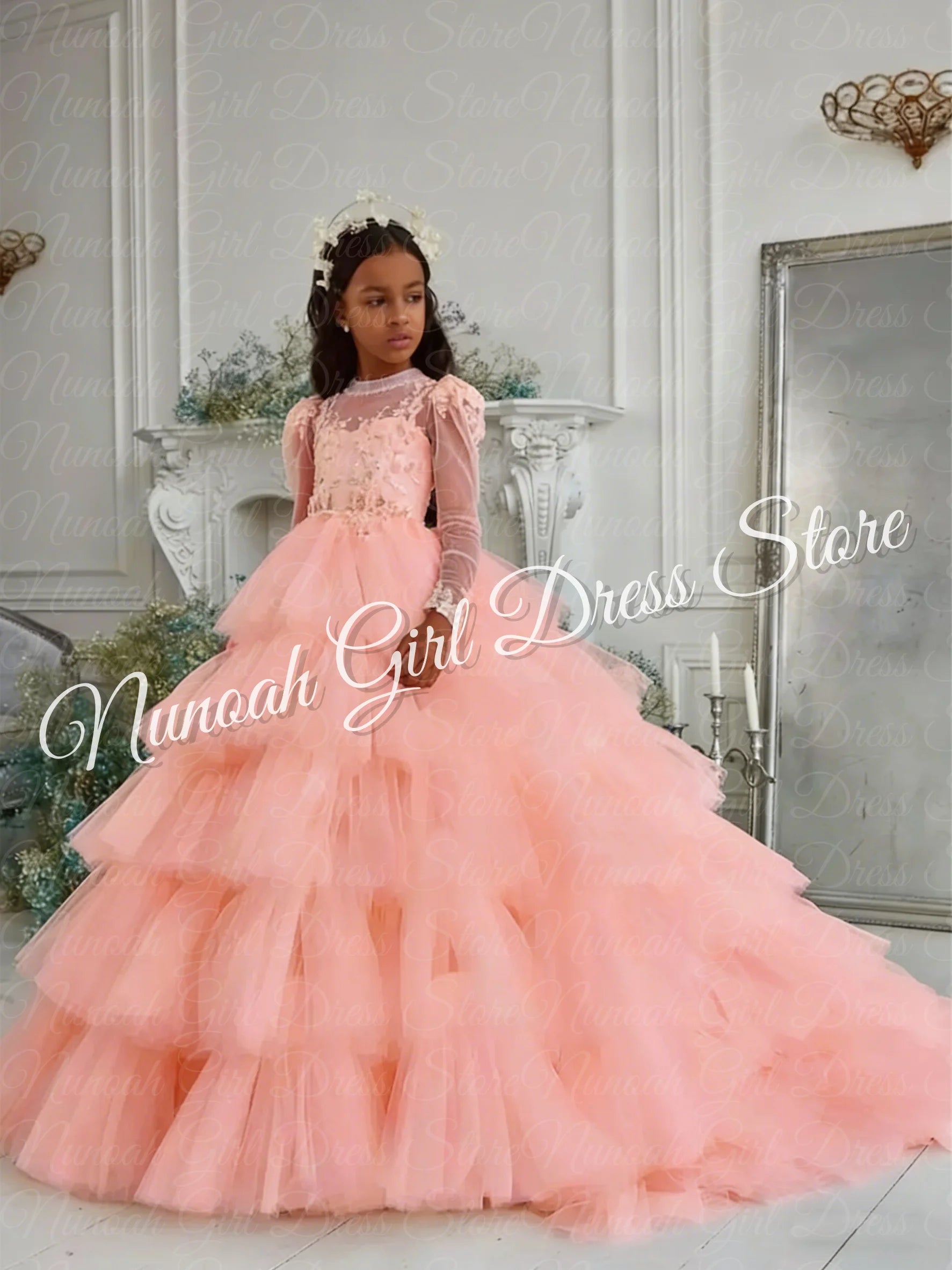Customized White Flower Girl Dresses Tulle Tiered Flory with Tailing Long Sleeve for Wedding Birthday Party First Communion Gown