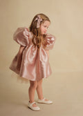 Girls Party Dresses Pink Satin 2025 Flower Girl Dress Bow Puff Sleeve Prom Baptism First Birthday Official Events