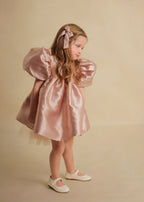 Girls Party Dresses Pink Satin 2025 Flower Girl Dress Bow Puff Sleeve Prom Baptism First Birthday Official Events