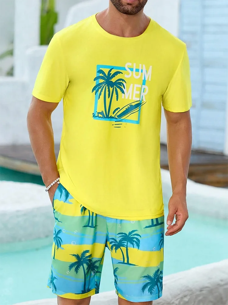 Summer men's two-piece set Hawaii fashion casual men's T-shirt outdoor beach men's shorts palm tree print O-neck short sleeved l