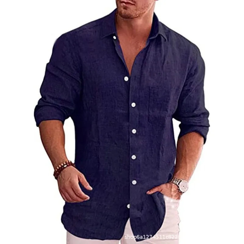 Men's Loose Solid Color Shirt Linen Lapel Long Sleeve Casual