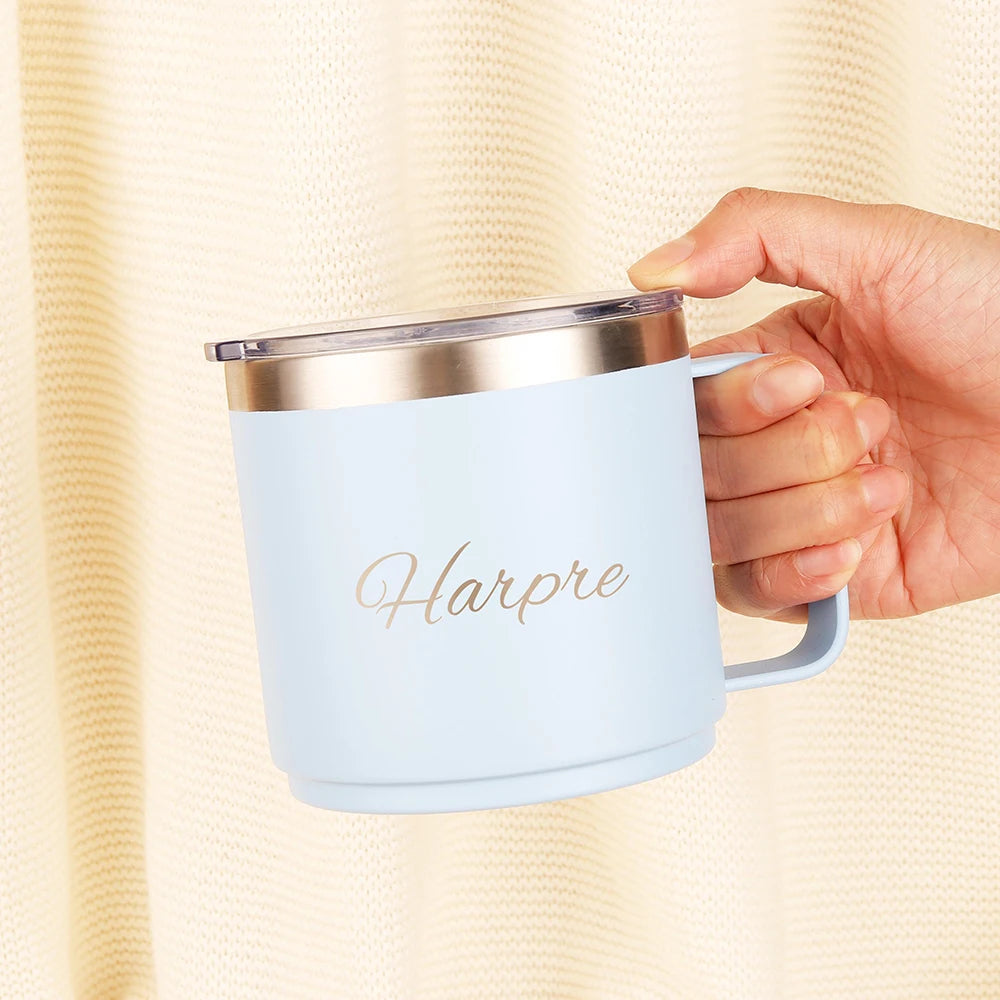 Custom 12oz Coffee Mug With Handle Tumbler Stainless Steel Vacuum Insulated Thermal Beer Cup Travel Thermos with Leakproof Lid