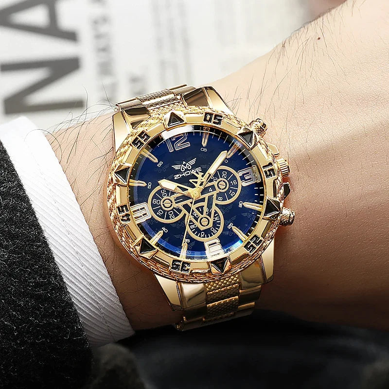 YIKAZE Men's Quartz Wristwatches Business Leisure Fashion Large Dial Alloy Steel Strip Blue Light Three Eye Men's Quartz Watch