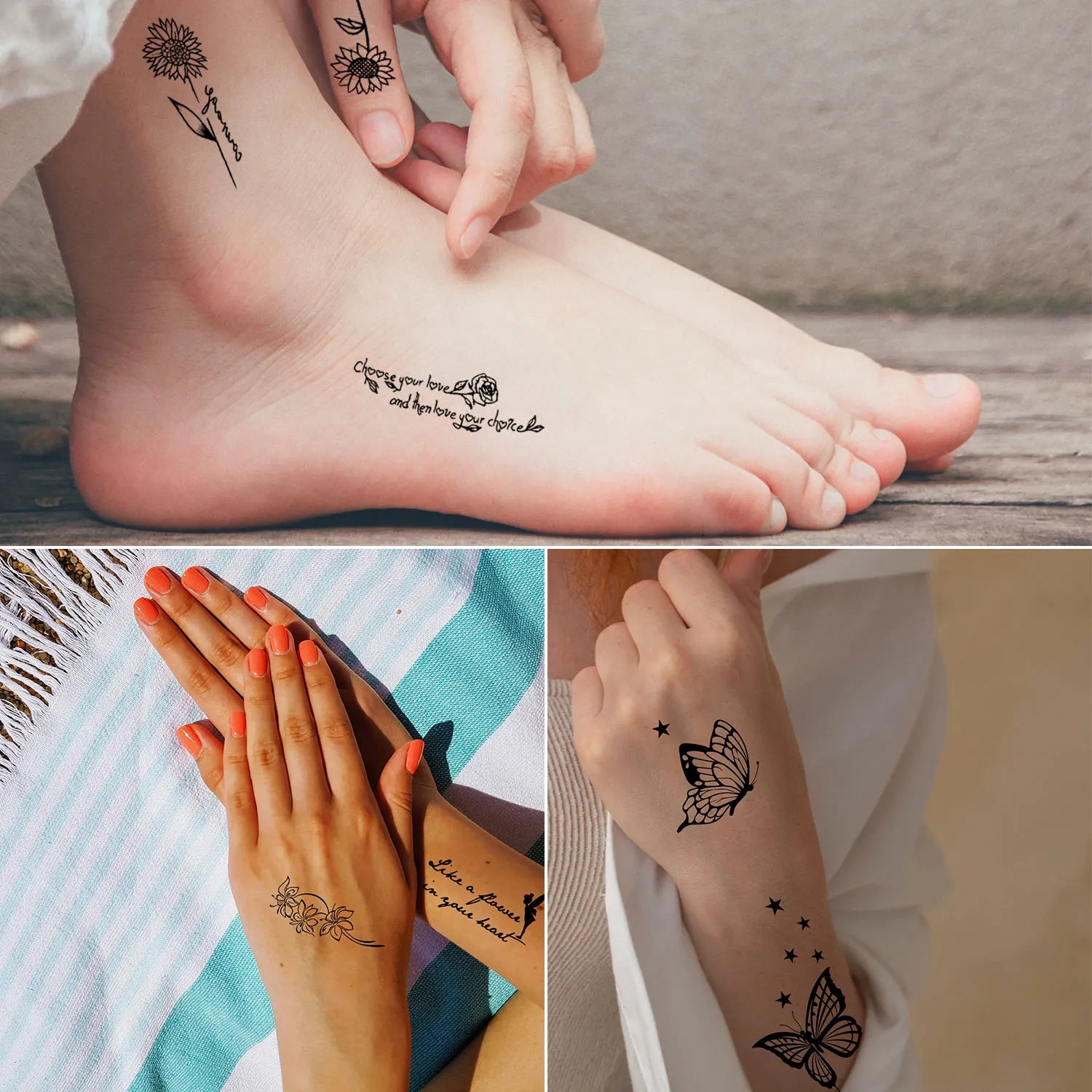 30pcs Temporary Tattoos for Women - Black Heart, Butterfly, Floral & Celestial Designs | Waterproof Fake Tattoo Stickers