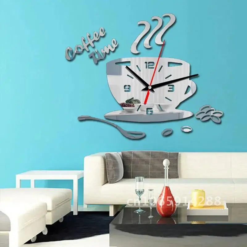 3D Acrylic DIY Wall Clock Mirror Wall Clocks Simple Home Digital Wall Sticker Decoration Mute Coffee Cup Wall Quartz Clock