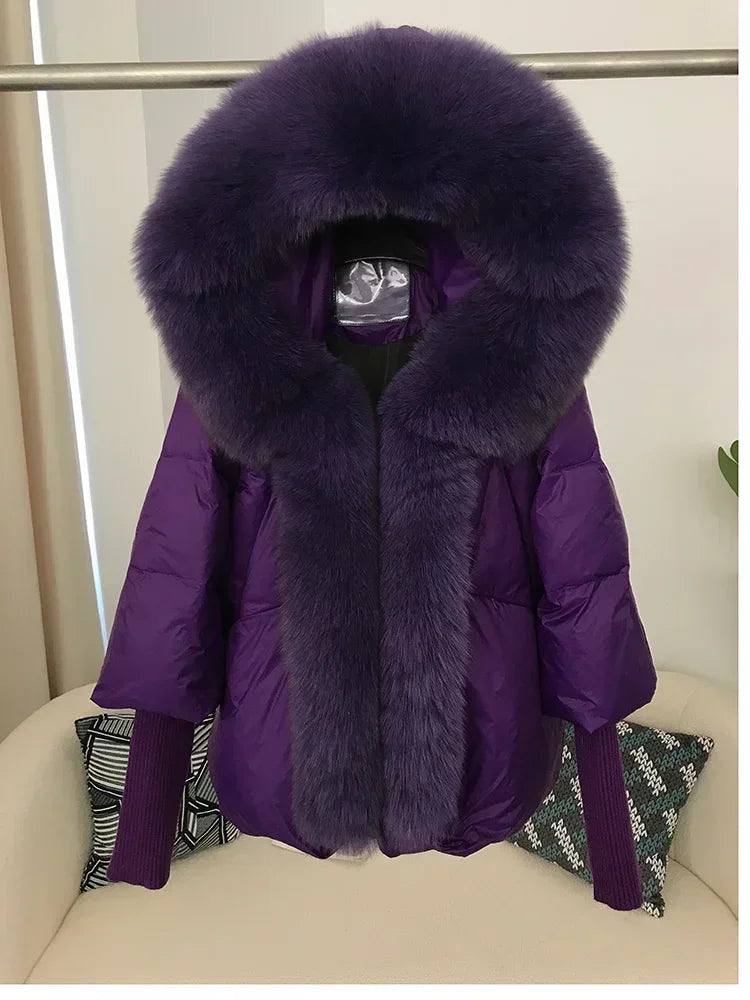 2024 Winter Puffer Jacket Women Real Fox Fur Collar Hooded Natural Thick Warm Loose Oversize Duck Down Coat Streetwear Outerwear
