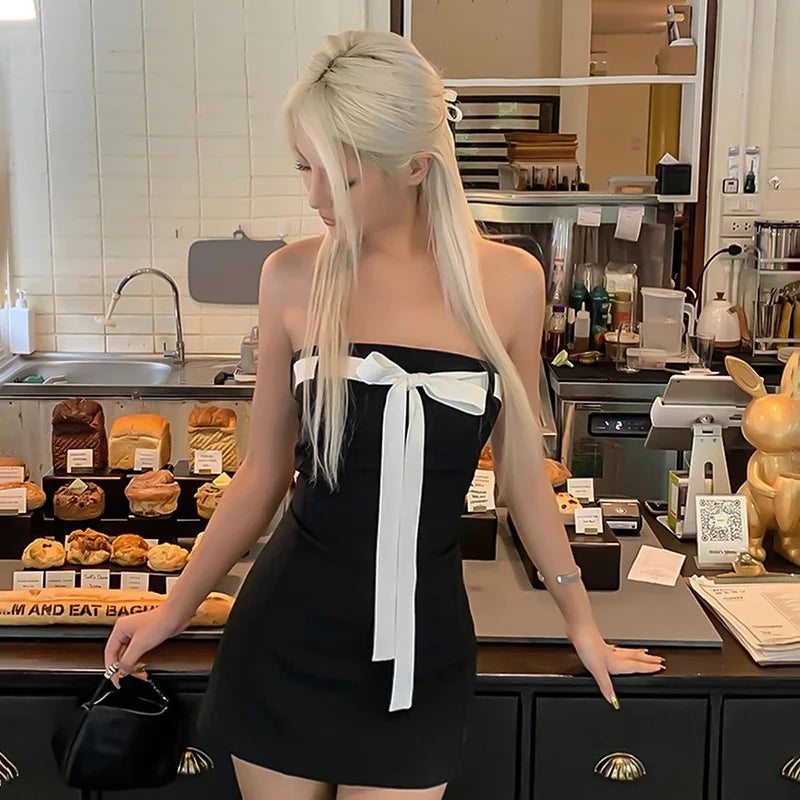 Y2k Women Sexy Mini Bow Bandage Dress Elegant Sleeveless High Waist Sweet Style Dresses Streetwear Fashion Backless A-line Skirt