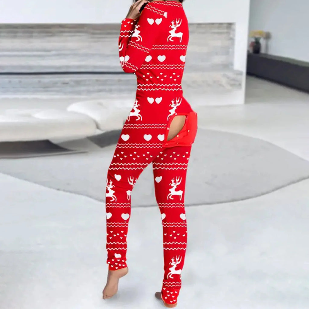 Women's Long Sleeve Christmas Jumpsuit Pajamas V Neck Christmas Themed Print Bodysuit Sleepwear with Drop Seat Butt Flap