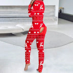 Women's Long Sleeve Christmas Jumpsuit Pajamas V Neck Christmas Themed Print Bodysuit Sleepwear with Drop Seat Butt Flap