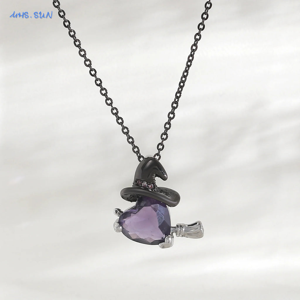 MHS.SUN Gothic Black Witch Hat Broom Pendant Necklace for Women Vintage Purple Zircon Heart Halloween Jewelry Festival Gifts