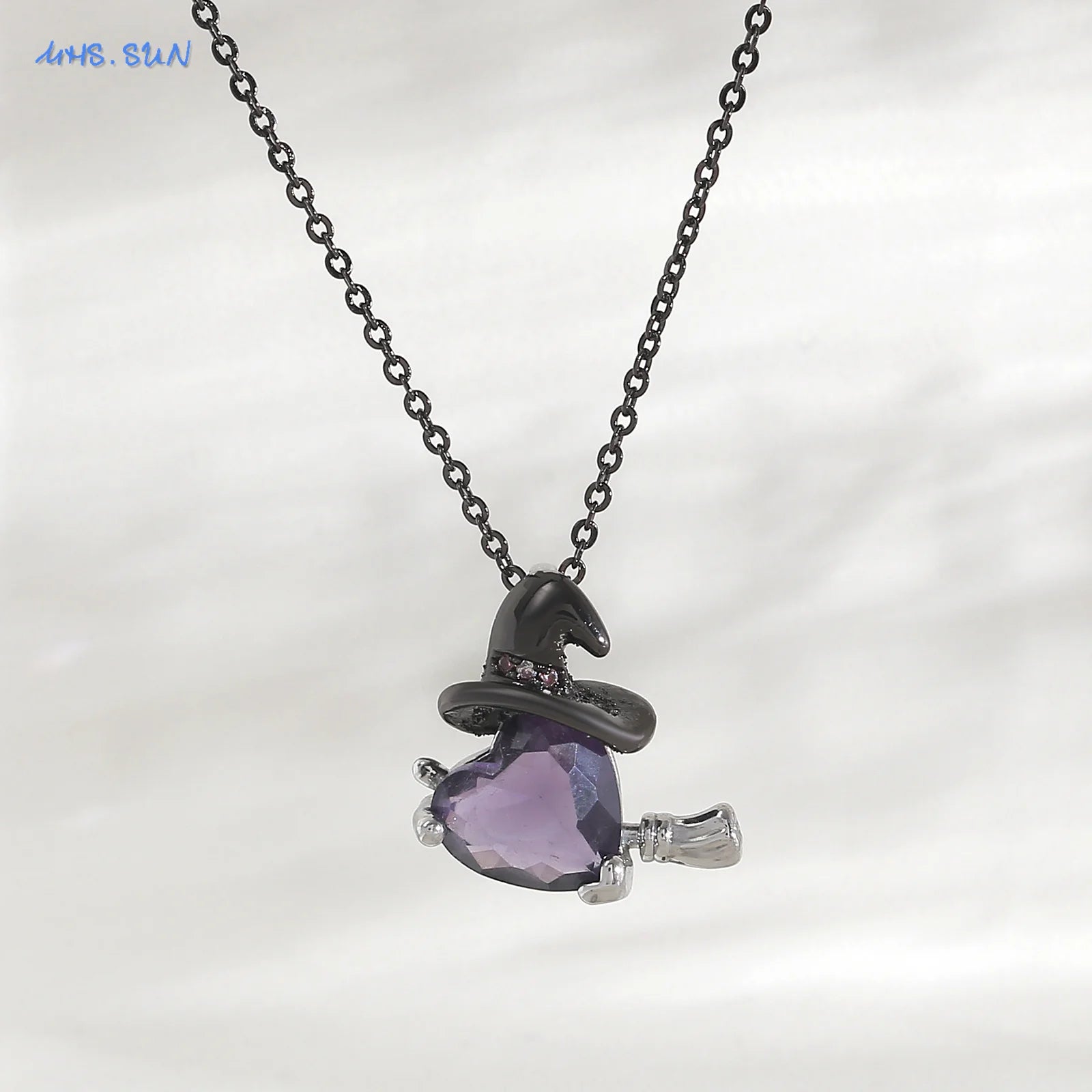 MHS.SUN Gothic Black Witch Hat Broom Pendant Necklace for Women Vintage Purple Zircon Heart Halloween Jewelry Festival Gifts