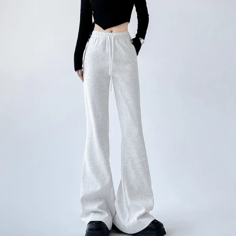 Micro Flared Pants Casual Dark Gray Sports High Waisted Drawstring Elastic Long Pants Solid Simple For Women Clothes Fashion New