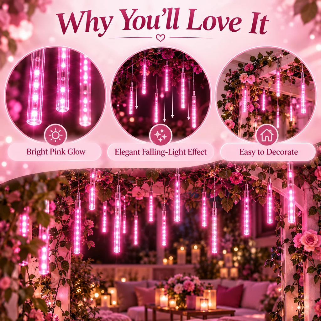 USB Pink Meteor Shower Lights Falling Rain Icicle LED Tube Fairy String Lights for Wedding Birthday  Window Christmas Decor