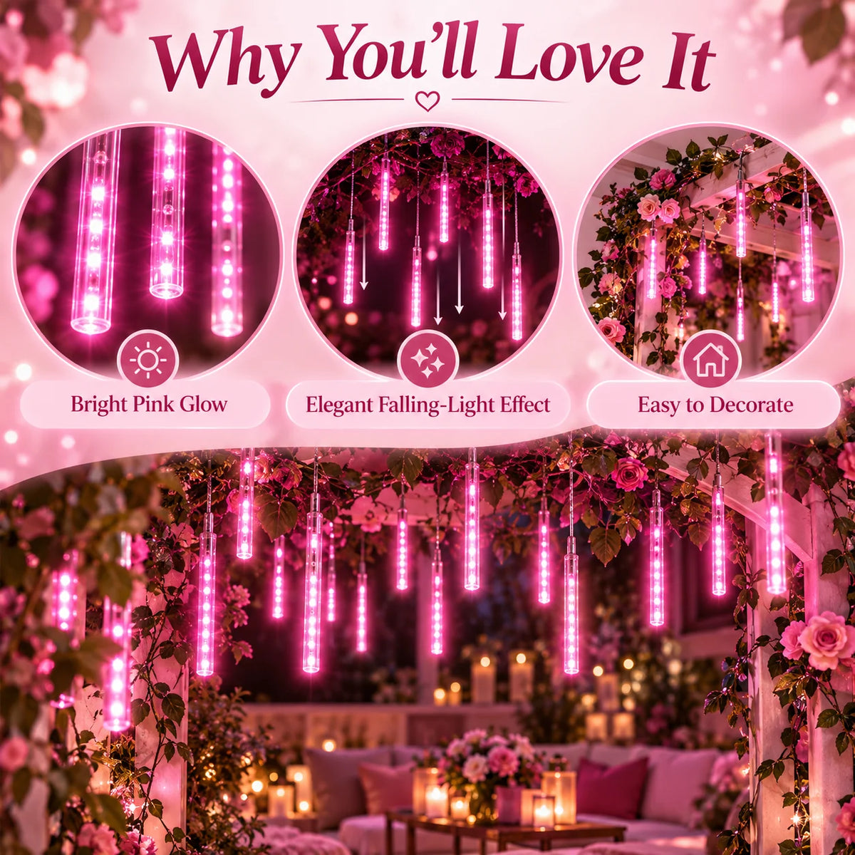 USB Pink Meteor Shower Lights Falling Rain Icicle LED Tube Fairy String Lights for Wedding Birthday  Window Christmas Decor