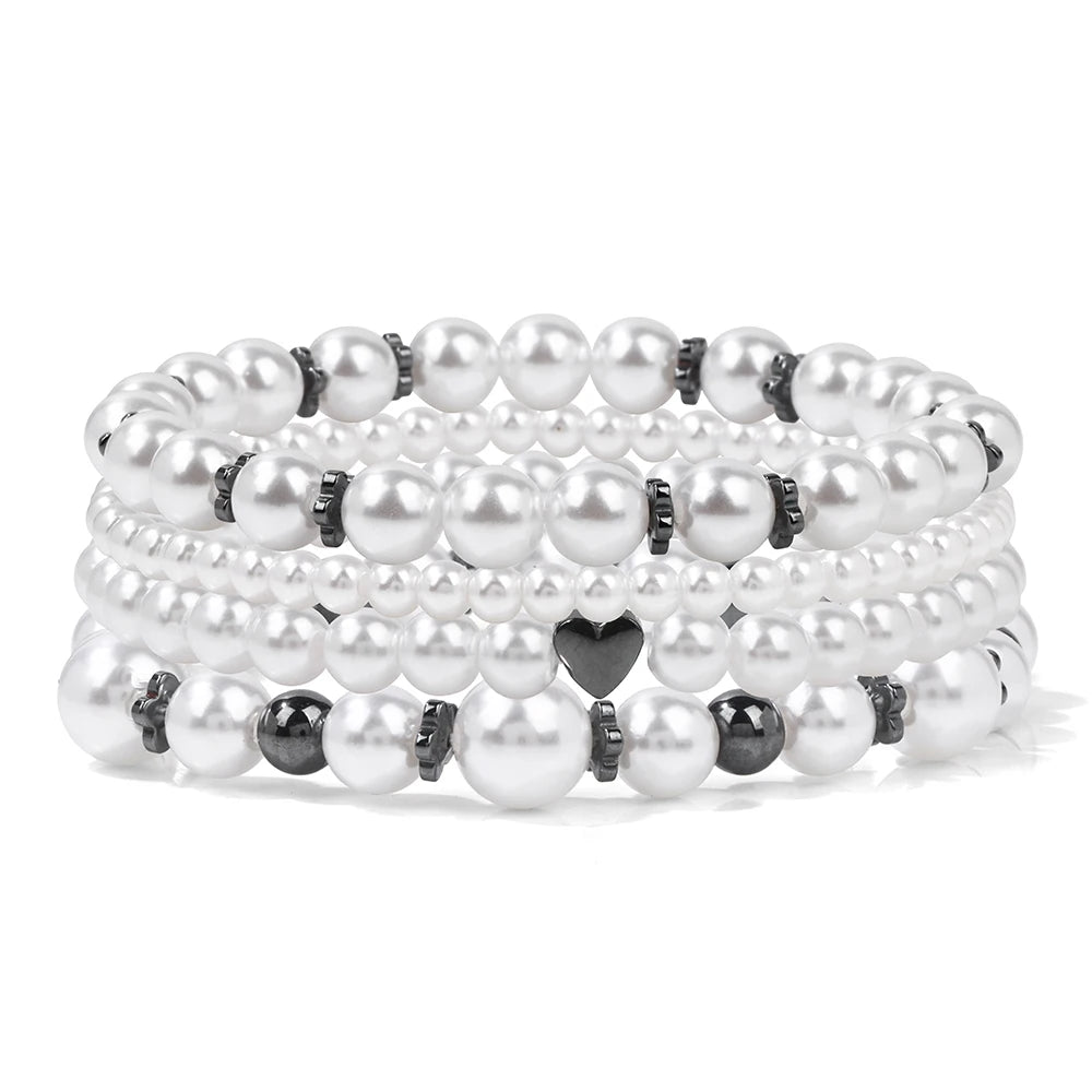 4 Pcs/Set White Pearl Bracelet Set Multilayer Gold Color Beads Bracelet For Women Trendy Imitation Pearl Bangle Luxury Jewelry