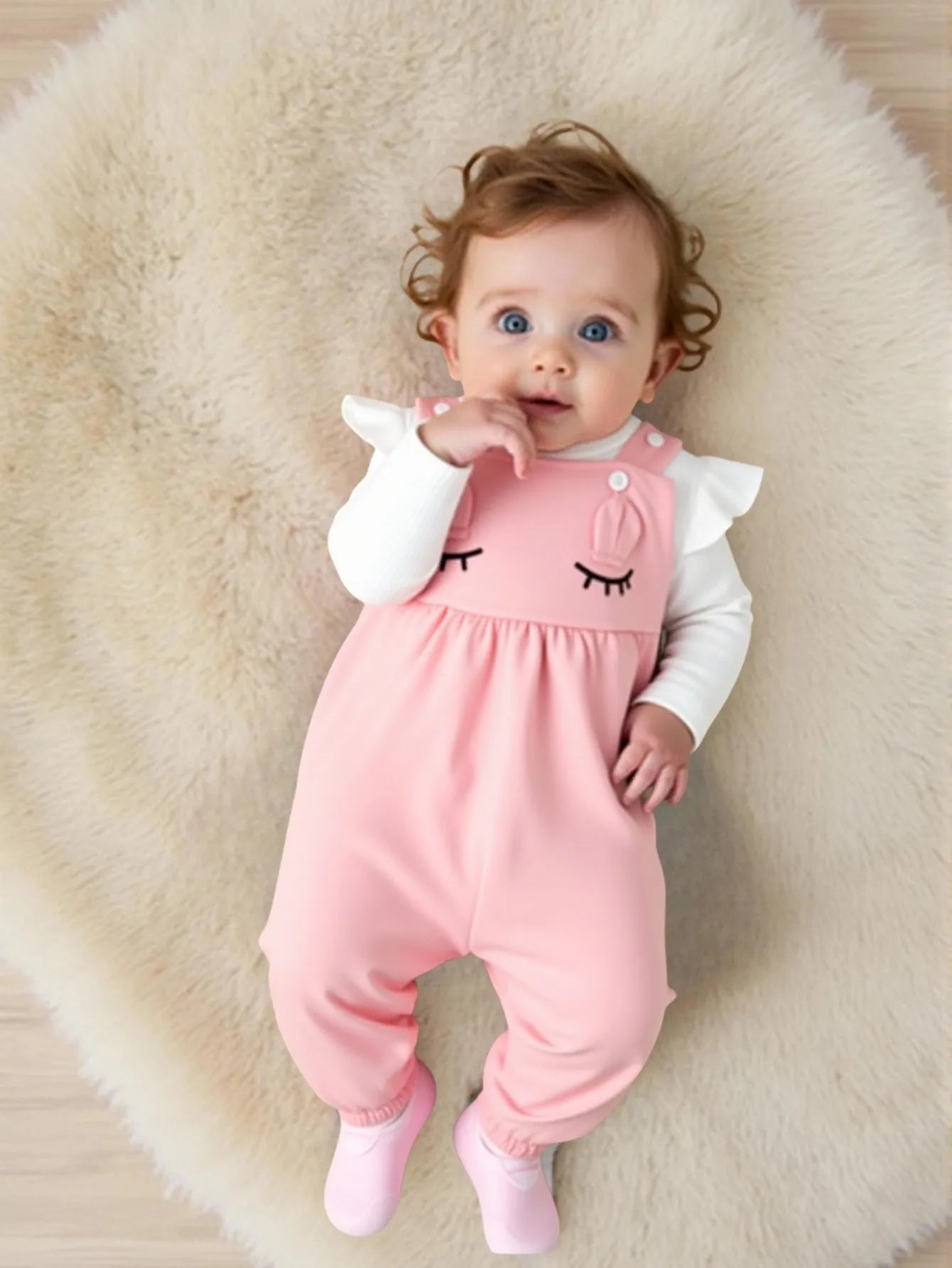 Two-piece set for baby girl: white long-sleeved romper with cute 3D ears and suspenders; autumn and winter