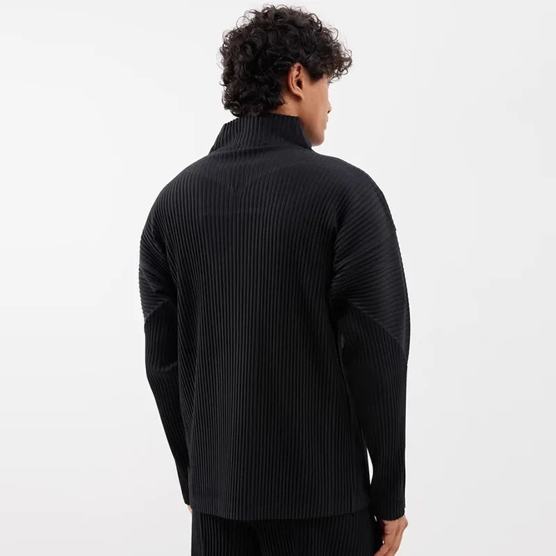 Miyake Men's Jacket 2025 Spring New Pleated Zip Standing Collar Jacket Solid Colour Men's Coat Premium Sense Tops Men Clothing