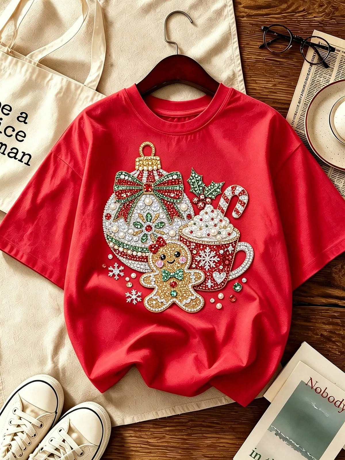 Merry Christmas Santa Claus T Shirts Women Cute Snowflakes Graphic Y2K Tees Pearl Printed Red Hat Sparkly Xmas Gift Tops