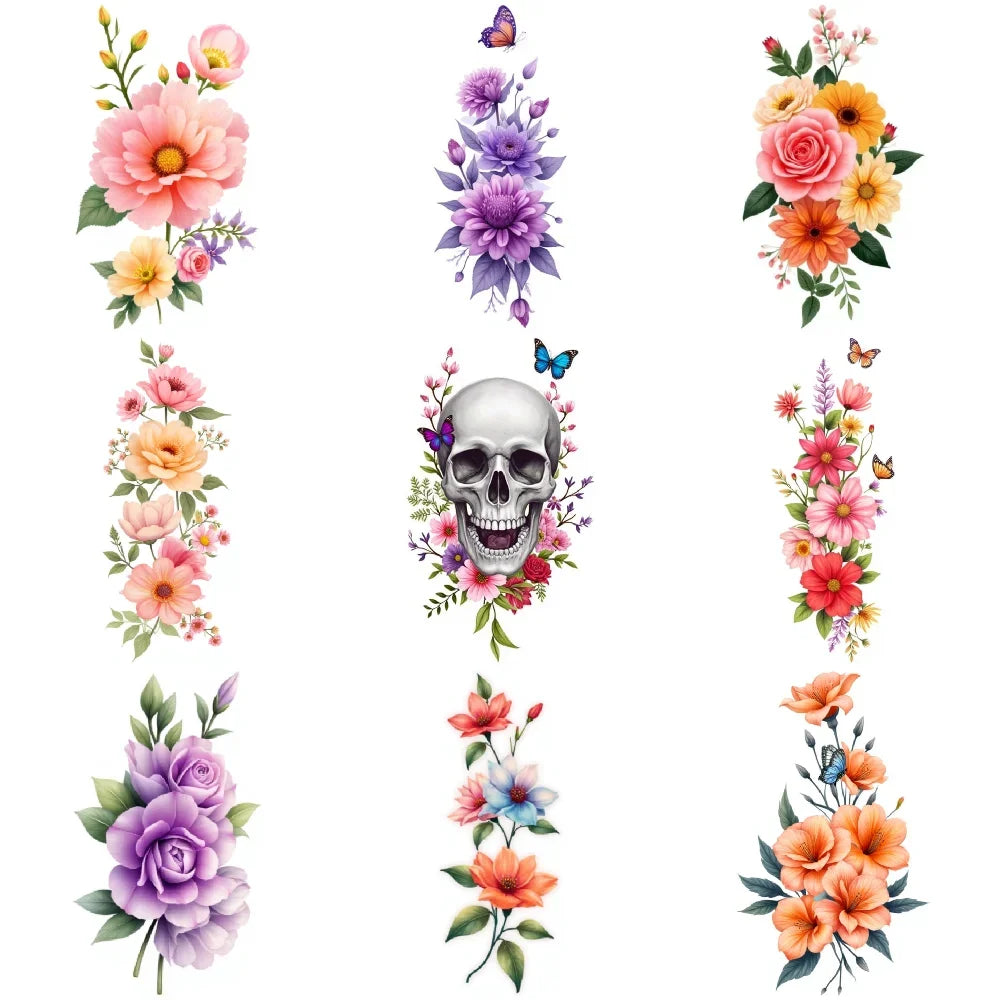 9pcs Colorful Flower Temporary Tattoos Stickers 3D Disposable Body Arm Tatoo Sticker Men Women Waterproof Fake Tatoos