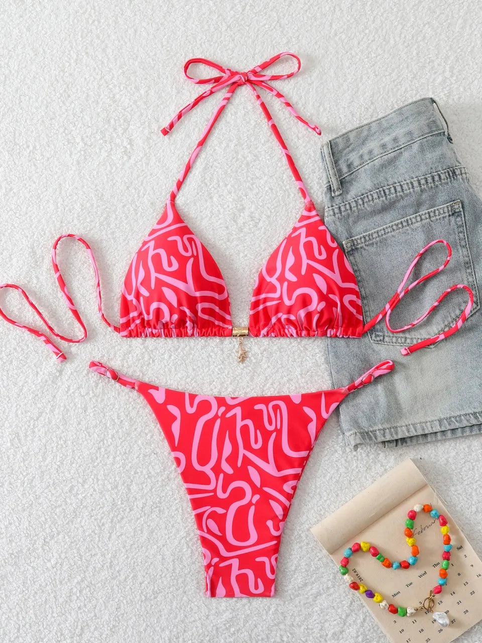 2026 Sexy Triangle Bikini Set Women Lace Up Swimwear Female Printed Swimsuit Beachwear Lady Bather Bathing Swimming Suit Summer