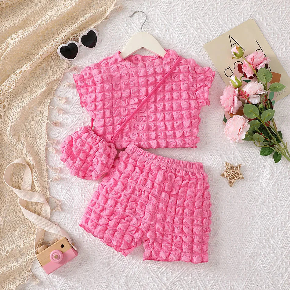 Cute and Stylish 3-Piece Set for Girls Sweetheart Bubble Sleeve Top with Shorts and Bag Summer Days Casual Children Sets
