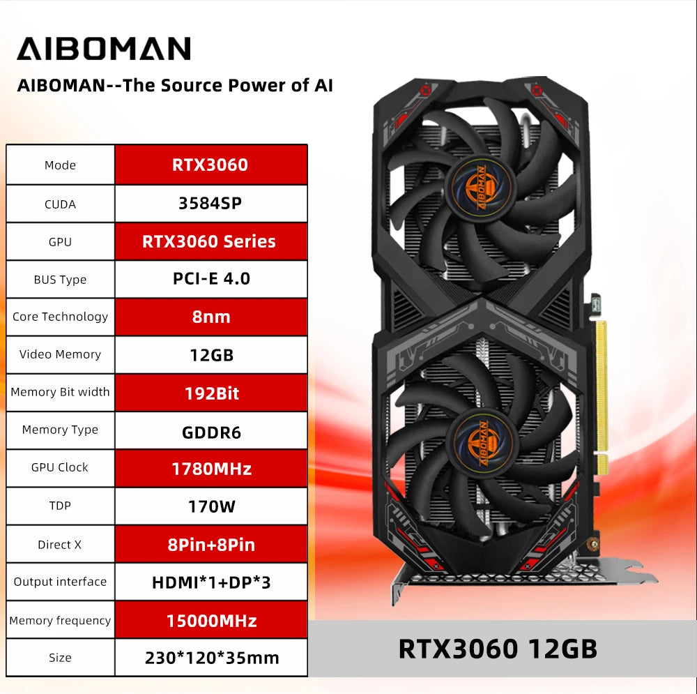 AIBOMAN Graphics Cards GeForce RTX 3060 12GB NVIDIA GPU GDDR6 192bit 8Pin PCI-E 4.0 x16 rtx3060 12gb Suitable for gaming