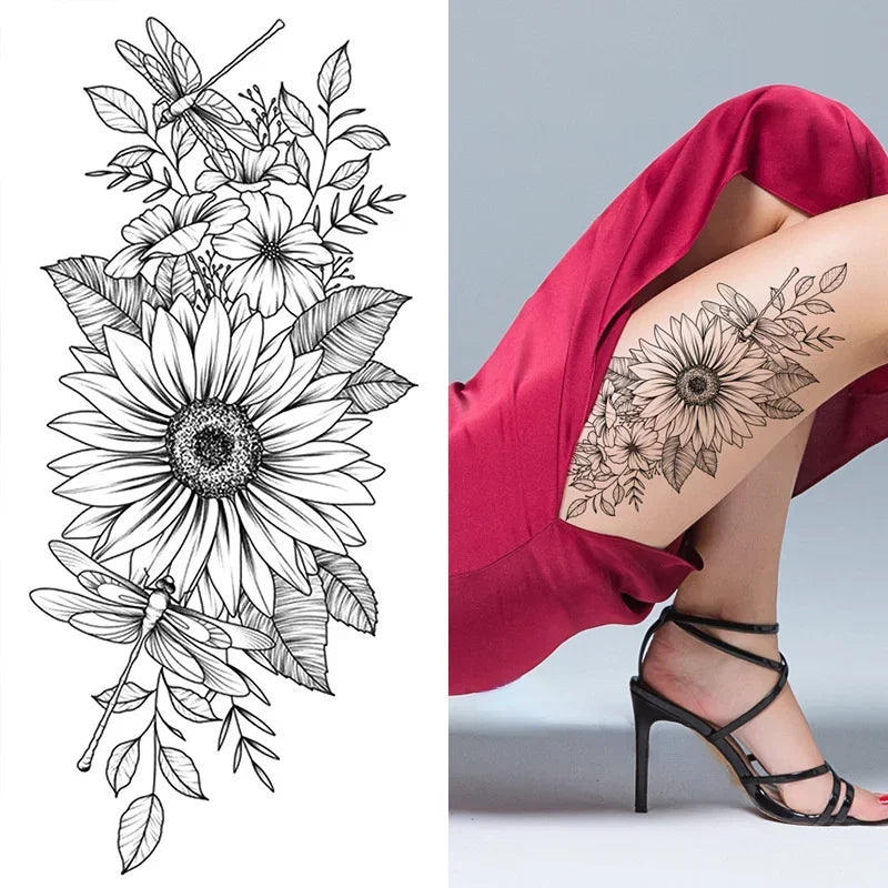 Women Sexy Temporary Tattoo Stickers Black Roses Pattern Full Flower Design Used for Arm Body Art Big Large Fake Tattoo Stickers