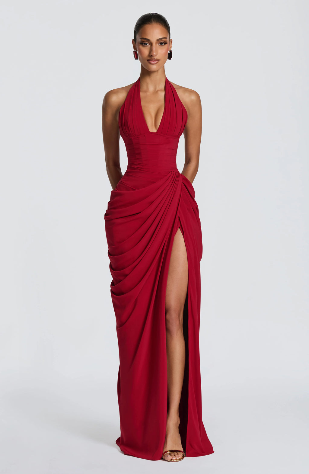 Women Halter Neck Backless Dresses High Slit Folds Sexy Evening Dress Floor Length Adult PROM Vestidos