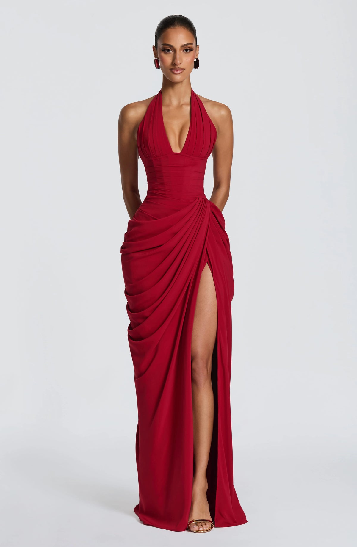 Women Halter Neck Backless Dresses High Slit Folds Sexy Evening Dress Floor Length Adult PROM Vestidos