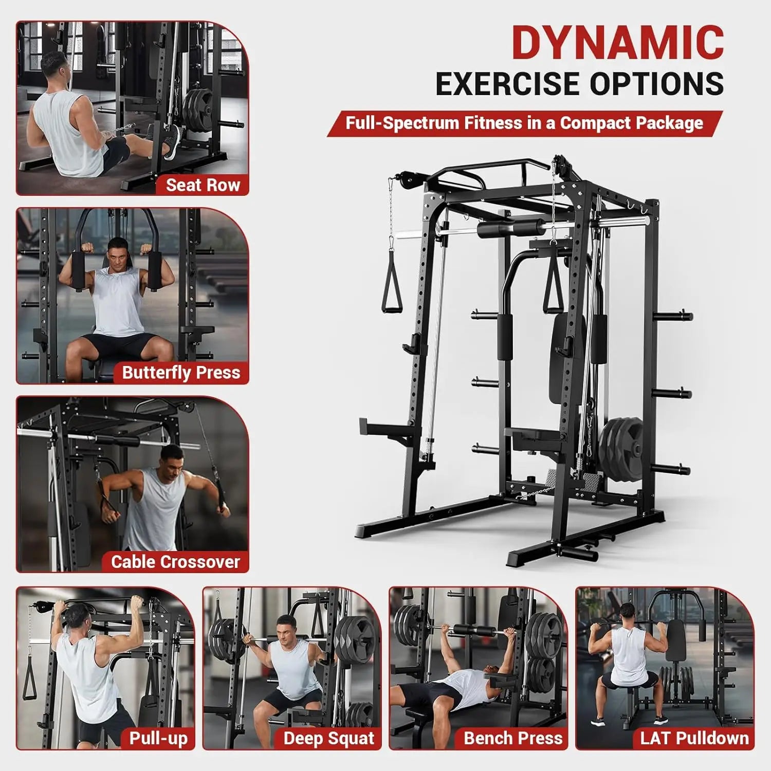 2000LBS Smith Machine Squat Rack Power Cage Cable Crossover Lat Pulldown Home Gym, Custom