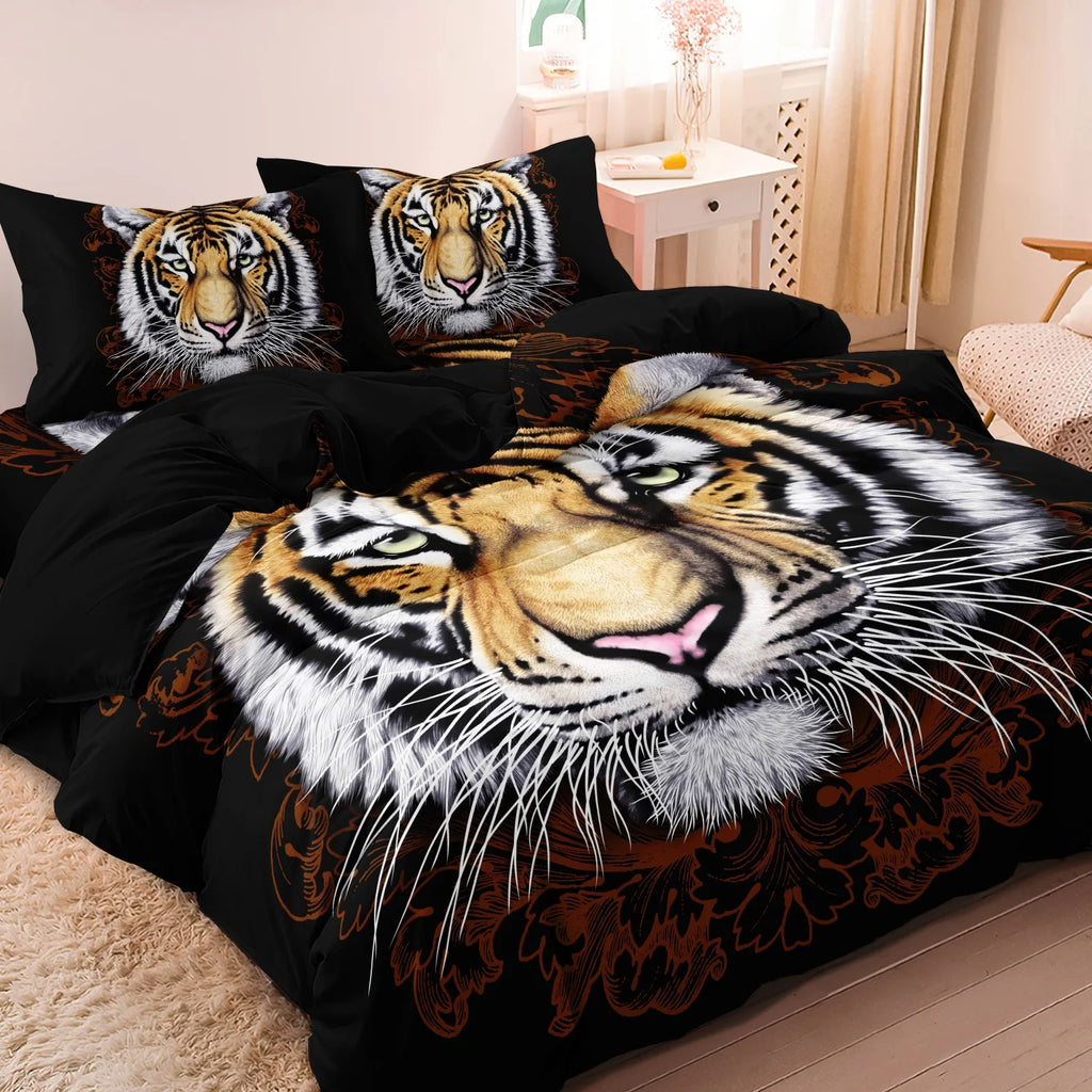 3pcs Black Tiger Face Duvet Cover Set,Wild Animal Bedding,Suitable For Family Bedrooms, Hotels, And Dormitories