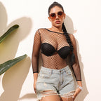 1PC Women Sexy Fishnet Beach Cover Up Long Sleeves Hollow Out Bodycon Dress See Through Summer Swimwear