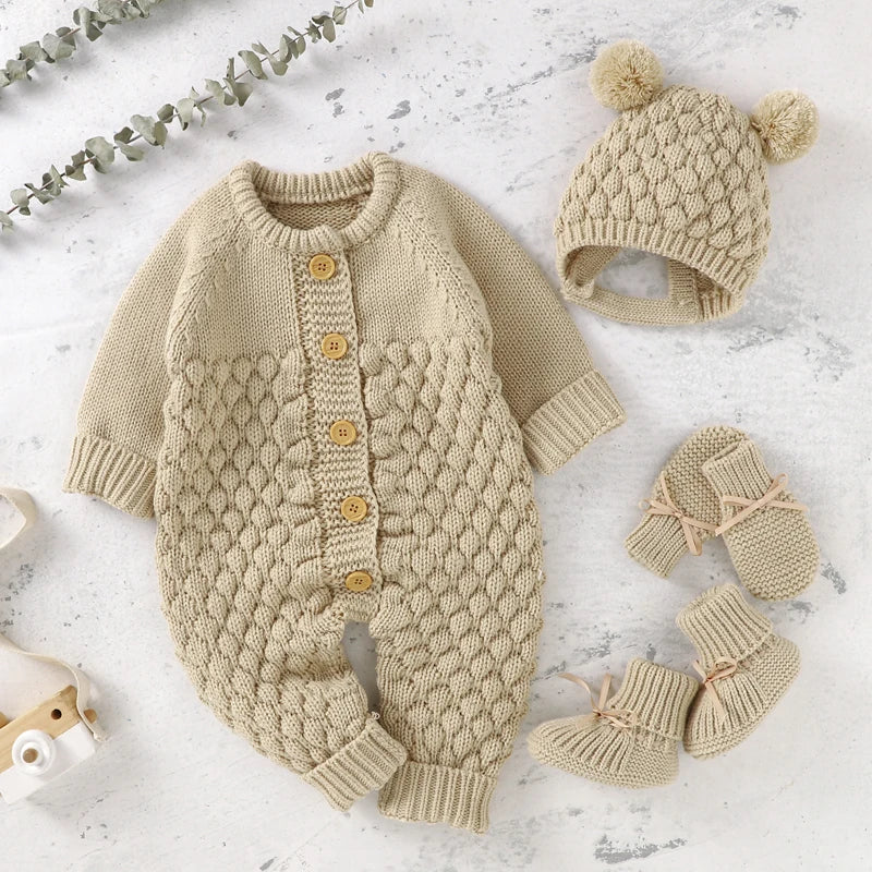 Newborn Baby Romper Shoes Gloves Set Knit Girl Boy Jumpsuit Boot Mitten Solid Toddler Infant Long Sleeve Clothing 4PC Fall 0-18M