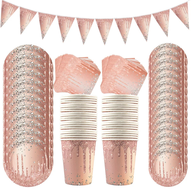 Rose Gold Disposable Tableware Diamond Pattern Paper Cups Plates Straws Table Decoration Wedding Birthday Party Supplies