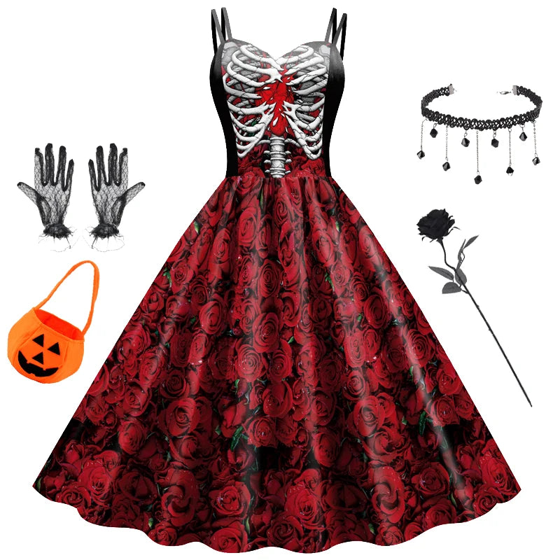 Halloween Costume Girl Fancy Skeleton Rose Print Dress Halloween Ghost Bride Vampire Cosplay Dress Kids Carnival Party Clothes