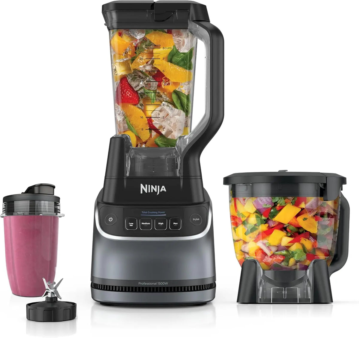 Multi-functional food processor/blender for making smoothies | Includes blending cup, two 16-ounce takeaway cups, and an 8-cup capacity mixing bowl | Makes salsa, dough, milkshakes, and cold drinks | 1500 watts