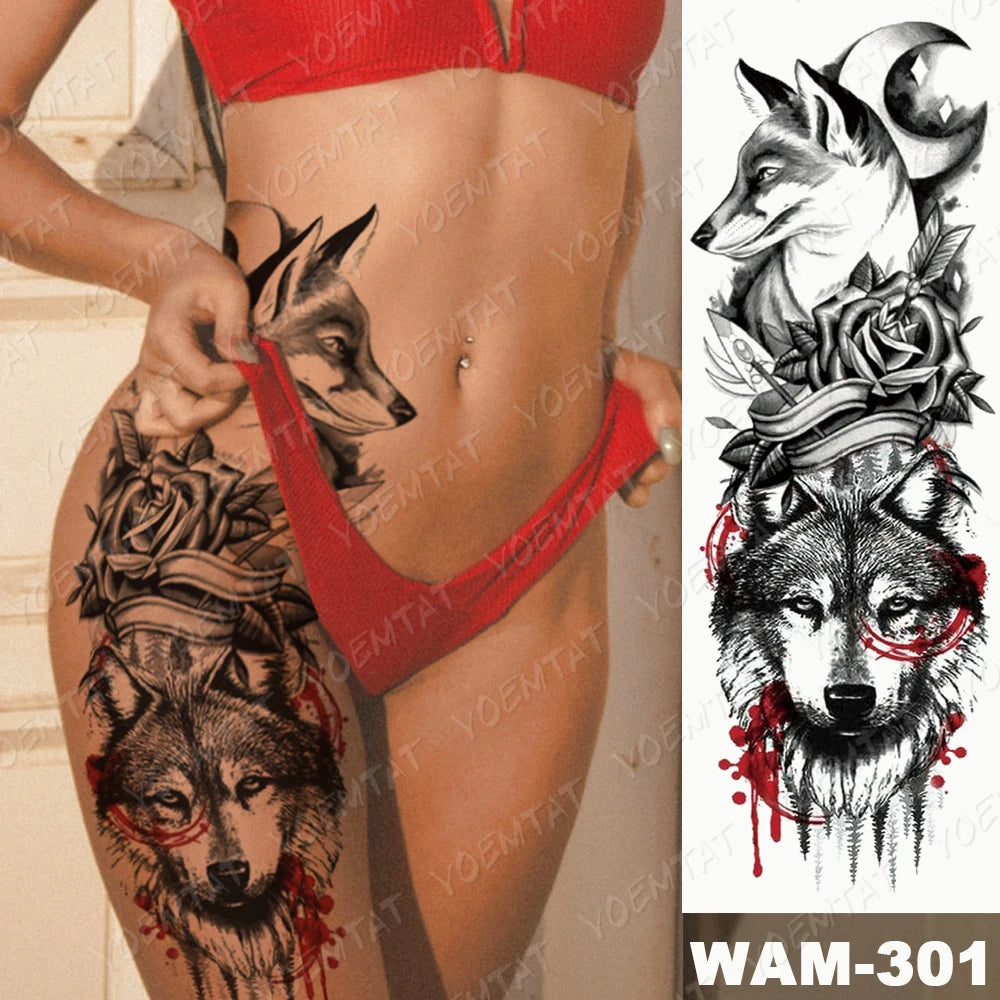 Large Arm Sleeve Tattoo Gun Rose Lion Waterproof Temporary Tattoo Sticker Clock Flower Waist Leg Body Art Full Fake Tatoo Women