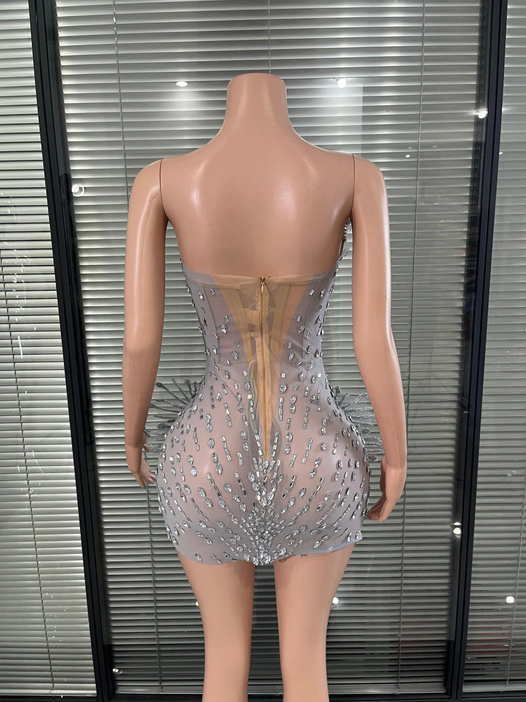 Luxury Deep V Neck and Sculptural Rhinestone Silver Crystal Mesh Mini Dress  Accents for Photoshoots and Red Carpet