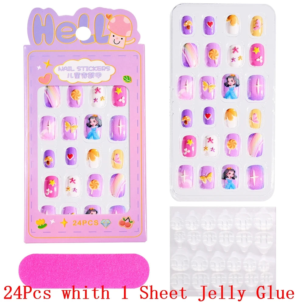 Children Press on Nails,24 Pcs Fake Nails Tips for Kids Acrylic Nails Pre-glue Full Cover Short False Nails Cute Fingernails