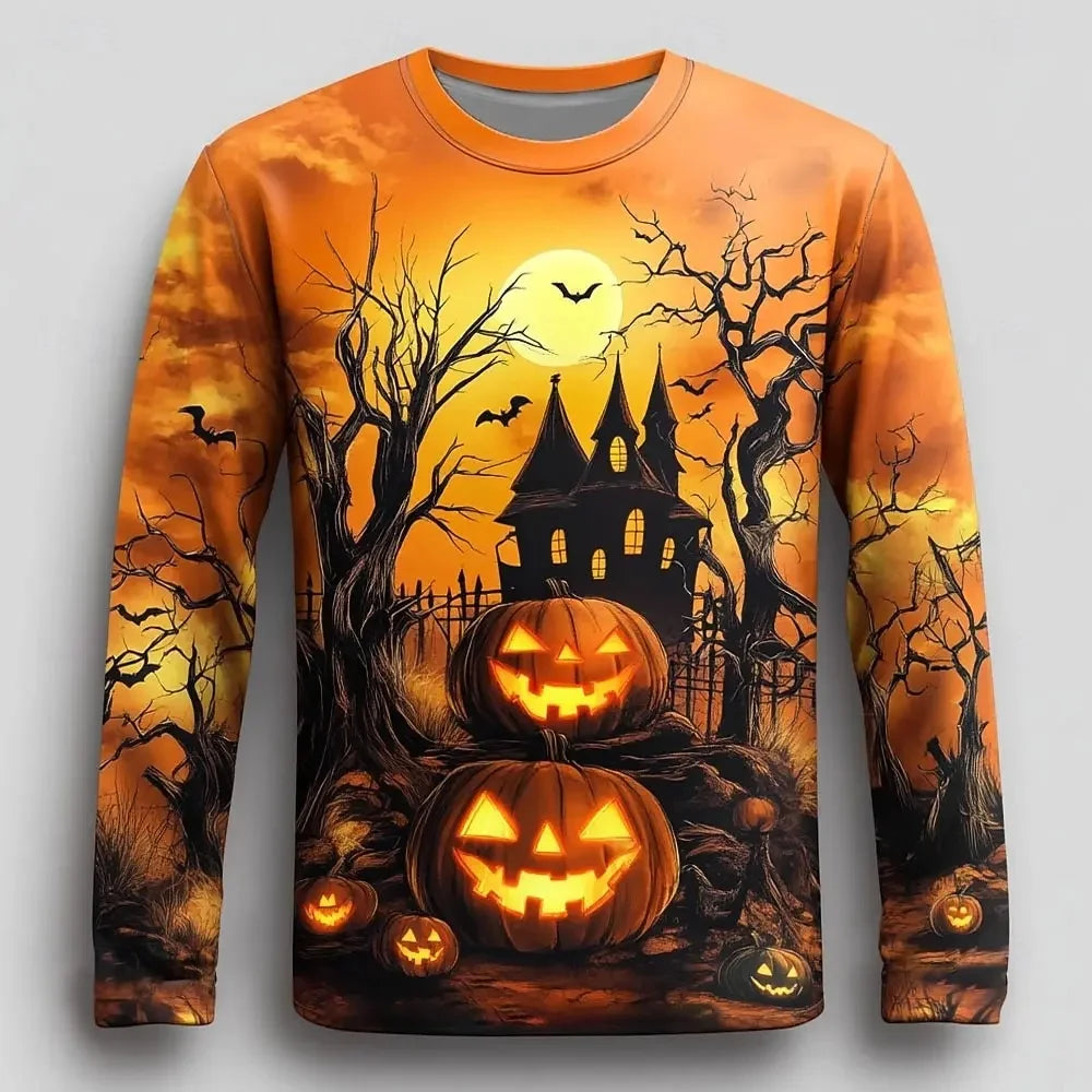 2026 New Autumn and Winter Men's Halloween scarecrow Pumpkin Full Print Round Neck Hoodie Horror Forest Moon Bat Long Sleeved Tr