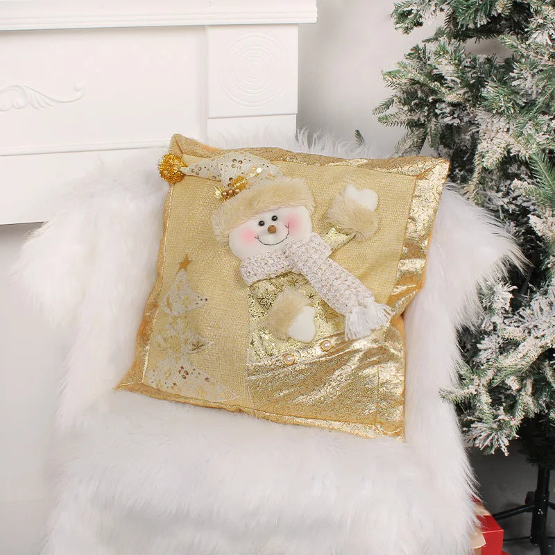 Christmas Gold Embroidered Cushion Cover Snowman Elk Santa Claus Three-dimensional Embroidered Pillowcase Holiday Home Decor