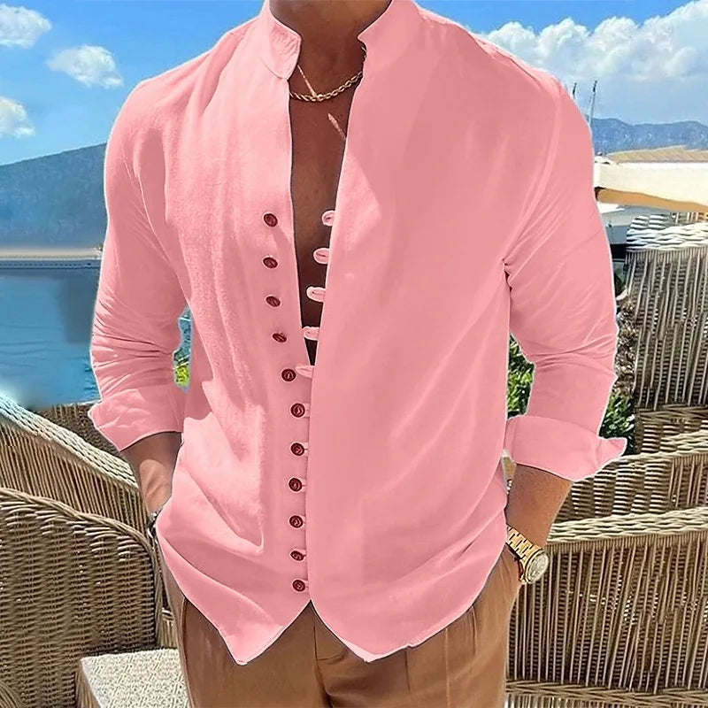 New Men's Vintage Casual Shirts 2025 Linen Long Sleeve Street Wear Lapel Button Solid Color Shirt For Men Vacation Blouse Top