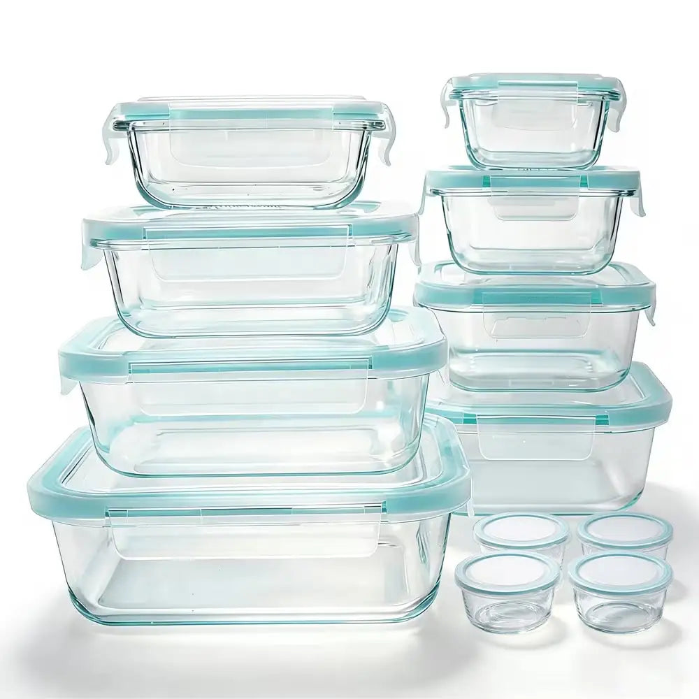 Glass Food Storage Containers Modern Sleek 24 Pcs Set Clear Glass With Light Blue Airtight Snap Lids Leakproof Microwave Oven Safe For Meal Prep Lunch Fruit Pantry Kitchen Storage Housewarming Gift
