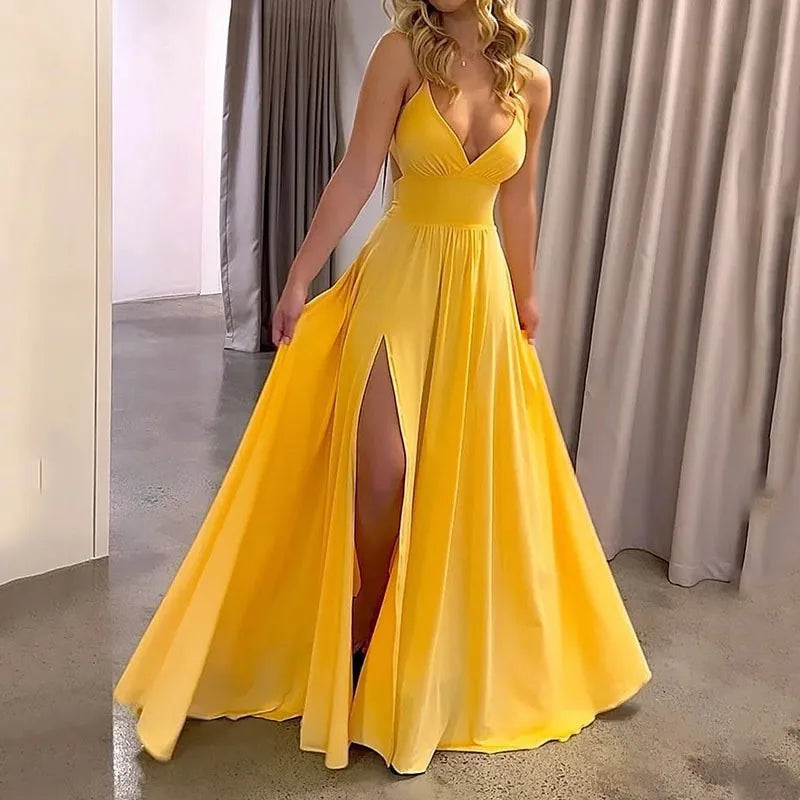 Y2k Women's Party Prom High Waisted Dress Summer Sexy Deep V-neck Suspender Dresses Ladies Fashion Solid Slit Hem Loose Vestidos