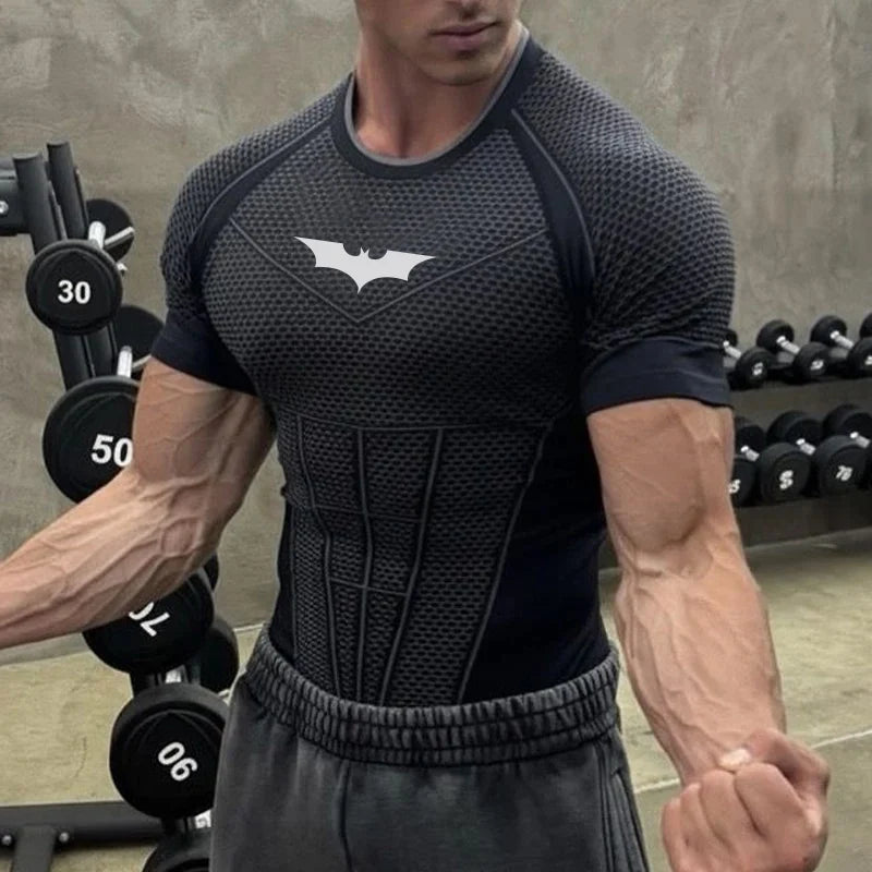 2026 Men Running Sports T-shirt Training Quick Dry Tight Short Sleeves Shirt Bat Pattern Short Sleeve Fitness Tee  men Clothing